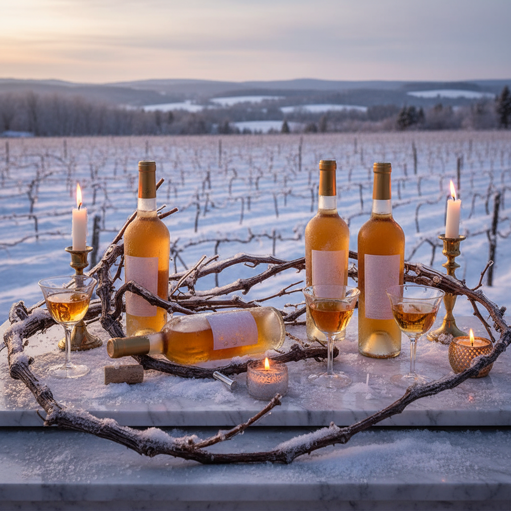 Canadian icewine bottles with frozen vineyard backdrop