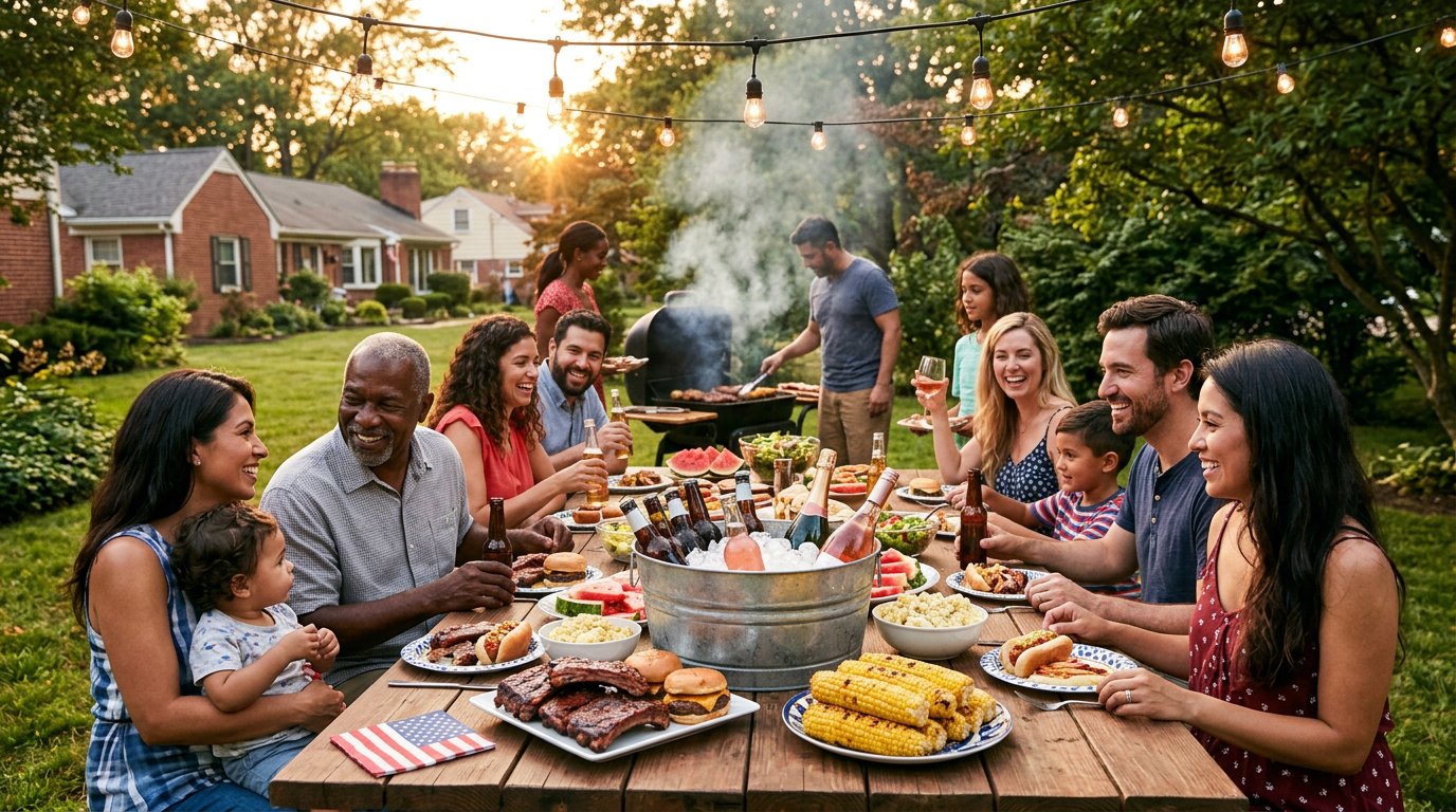 Large diverse multigenerational American backyard cookout at golden hour with smoked ribs, burgers and wine on ice