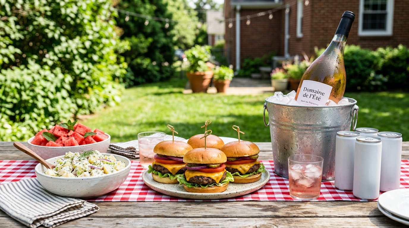 Backyard picnic table with cheeseburgers on brioche buns and a magnum of pale Provence-style rosé in a galvanized ice bucket beside canned rosé wines