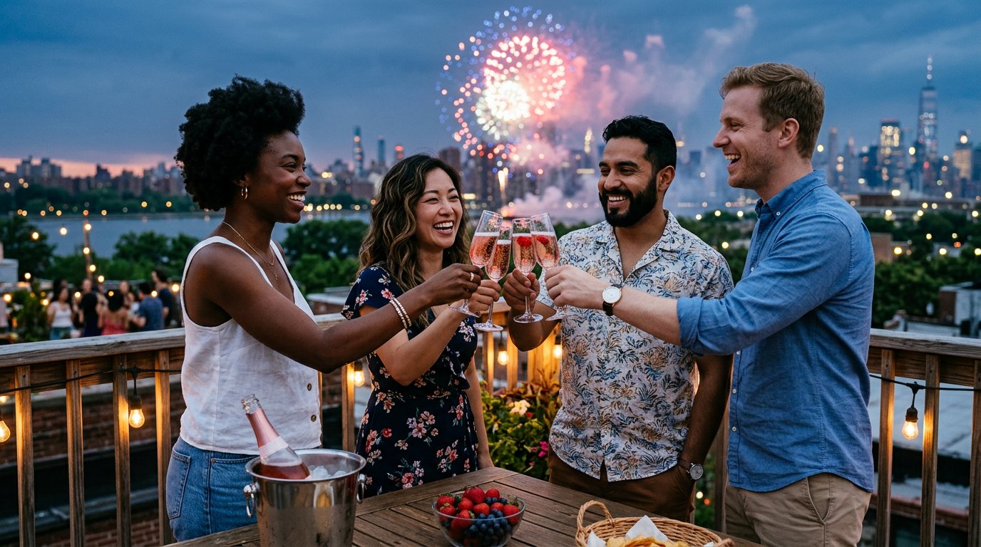 Diverse adult friends clinking flutes of sparkling rosé at dusk on the 4th of July with red, white and blue fireworks bursting in the deep blue twilight sky