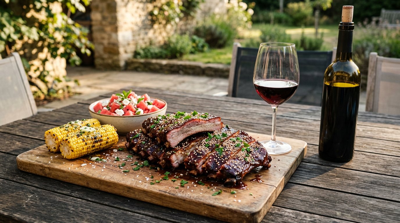 Wooden cutting board piled with glistening sliced smoked pork ribs glazed in BBQ sauce beside a Bordeaux glass of deep ruby Zinfandel and grilled corn on the cob