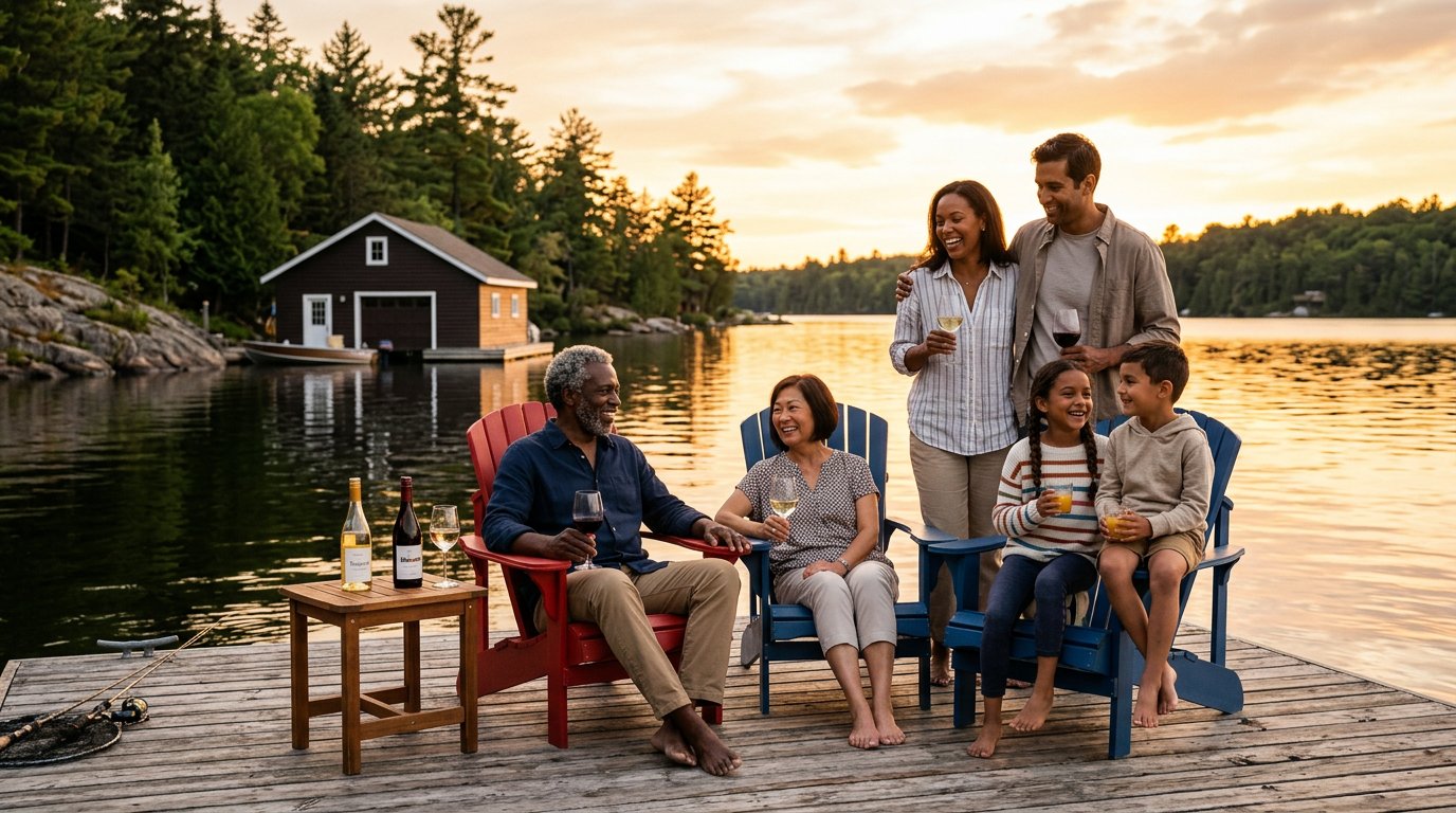 Multigenerational diverse Canadian family on a Muskoka cottage dock at golden hour with wine glasses and a calm lake