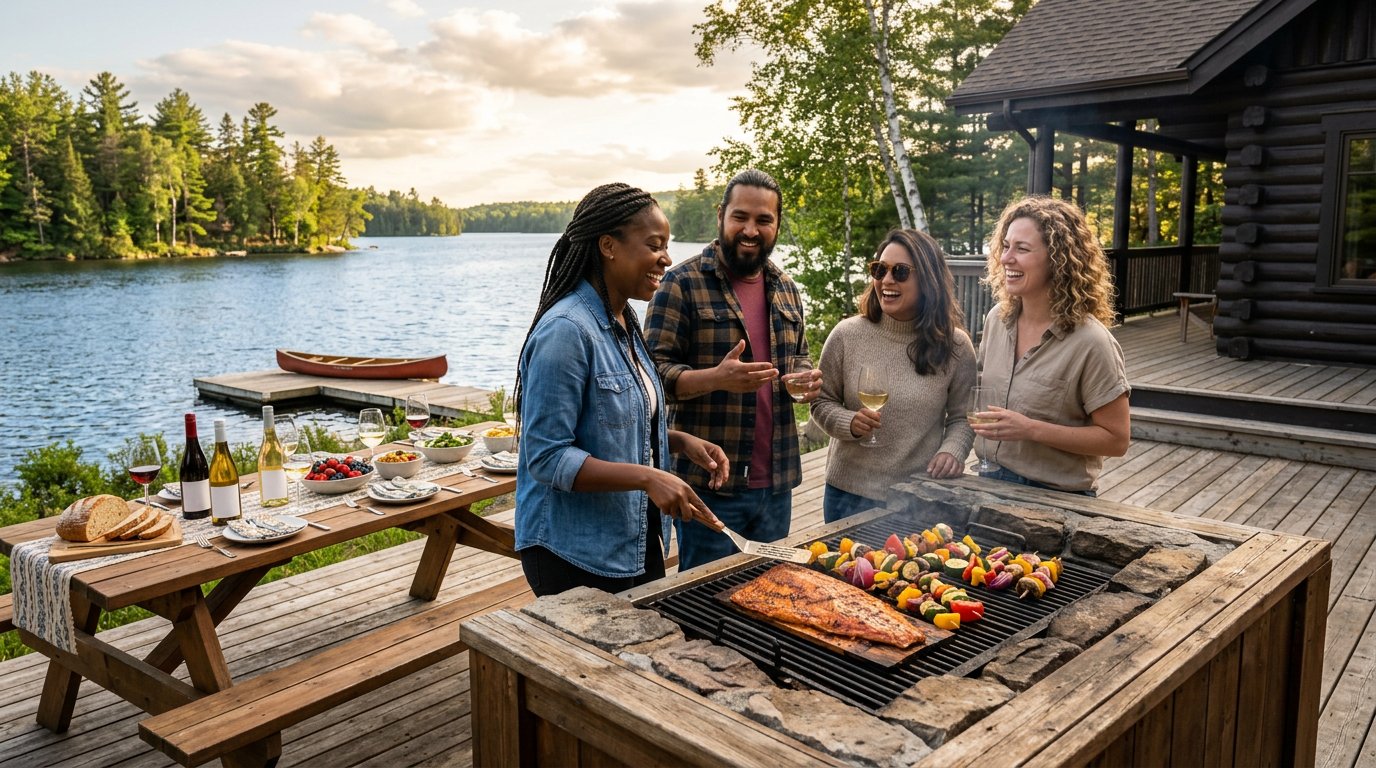 Diverse group of friends gathered around a lakefront BBQ at a Canadian cottage, grilling cedar plank salmon with bottles of Niagara Pinot Noir and Chardonnay on the picnic table