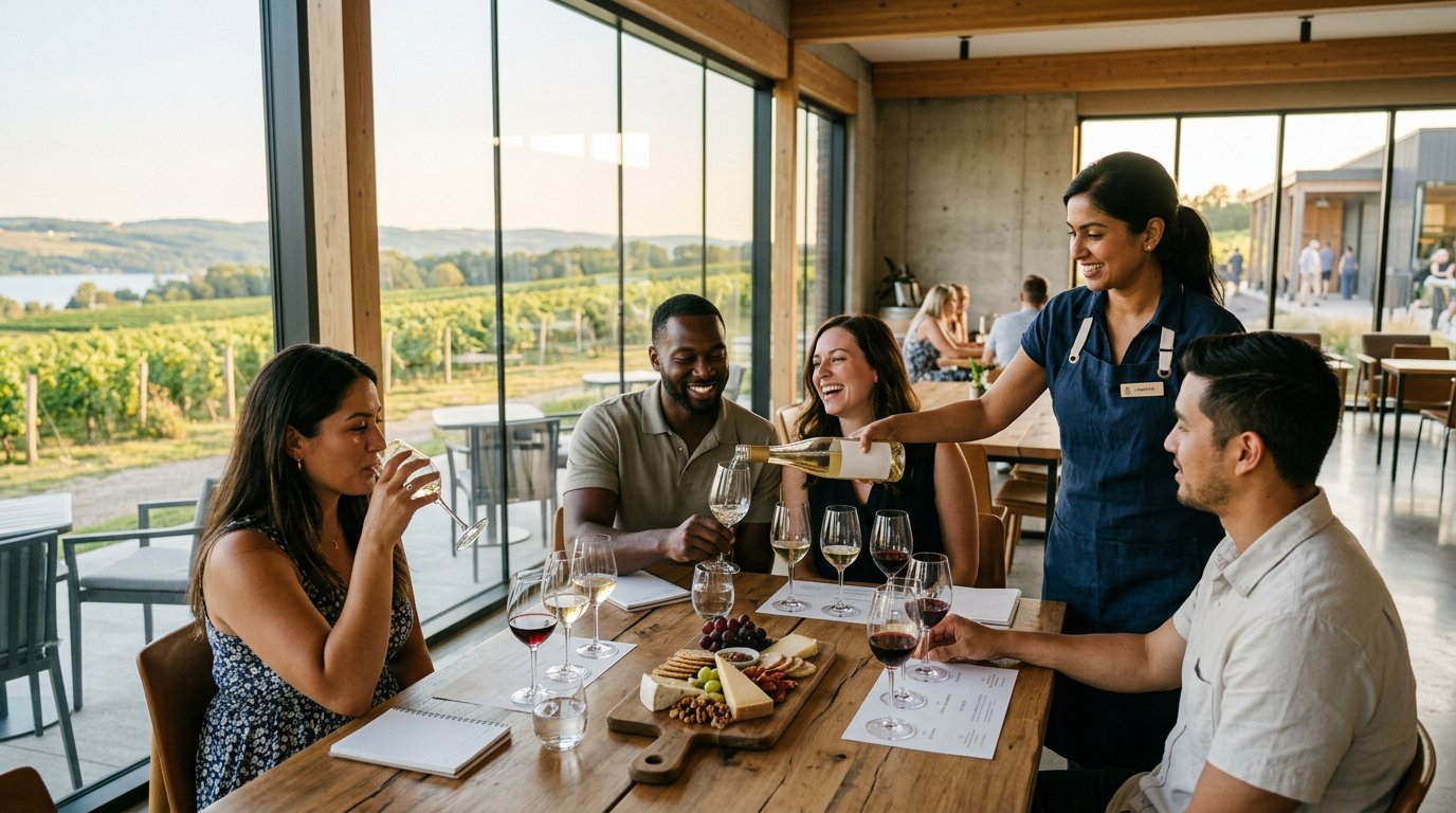 Two diverse couples tasting Riesling and Cabernet Franc with a sommelier at a modern Niagara wine country tasting room with floor-to-ceiling windows onto the vineyard