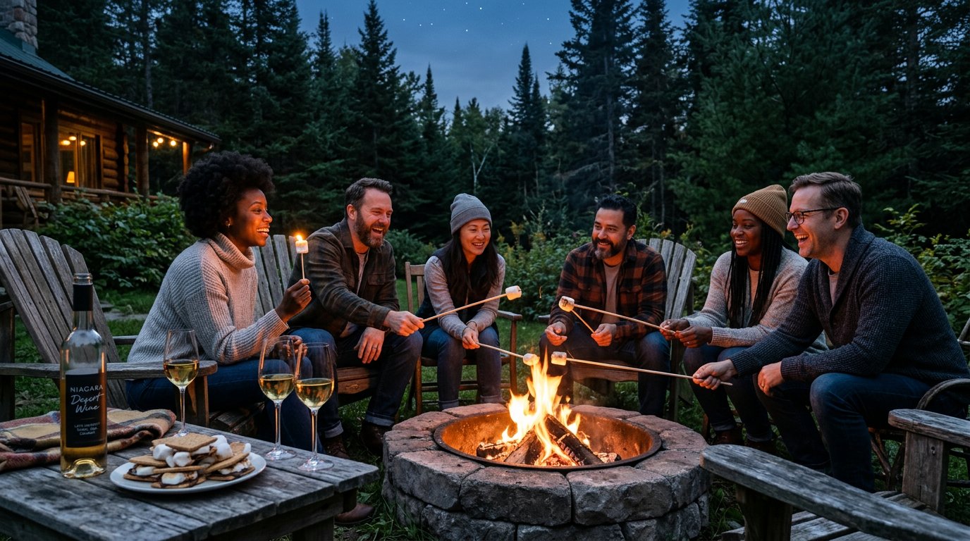 Diverse adult friends gathered around a stone firepit at dusk on a Canadian cottage property, toasting marshmallows with glasses of late-harvest Vidal icewine on a wooden side table