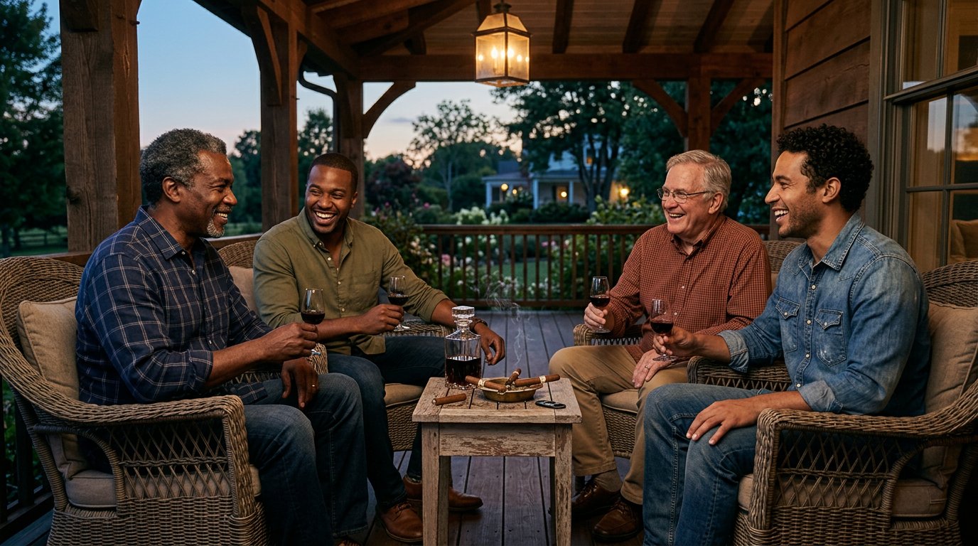 Two generations of fathers and adult sons relaxing on a covered porch at twilight with small glasses of ruby Port wine and premium cigars in an ashtray