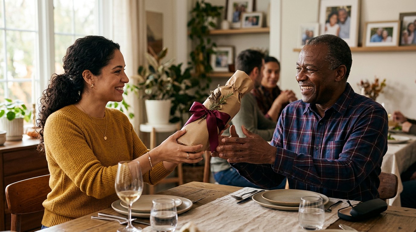 A diverse adult daughter handing a beautifully gift-wrapped premium wine bottle in brown kraft paper with a burgundy ribbon across a dining table to her smiling father