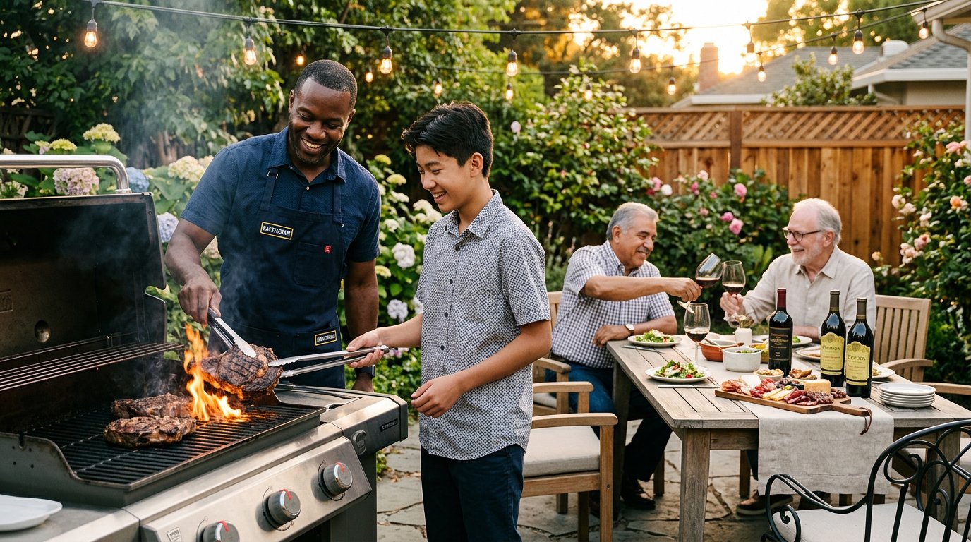 Multigenerational diverse family on a backyard patio at golden hour for Father's Day with grilling and wine