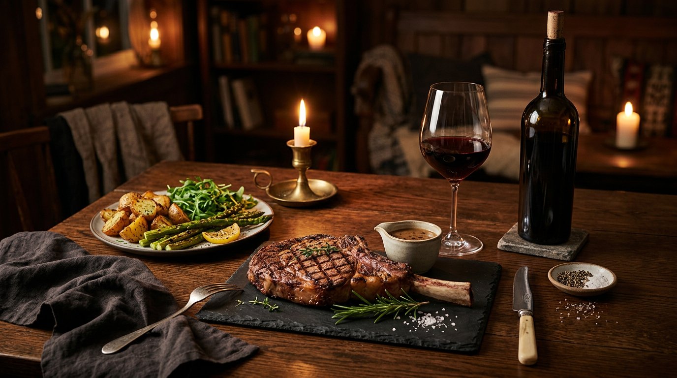 Perfectly grilled medium-rare bone-in ribeye steak on a dark slate plate with a Bordeaux glass of deep ruby Cabernet Sauvignon, candlelit dark wood table