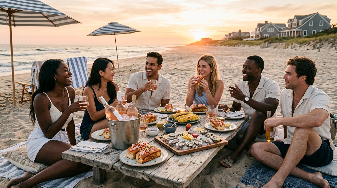 Diverse multicultural friend group sharing rosé, lobster rolls and oysters at a driftwood table on a Hamptons beach at golden hour