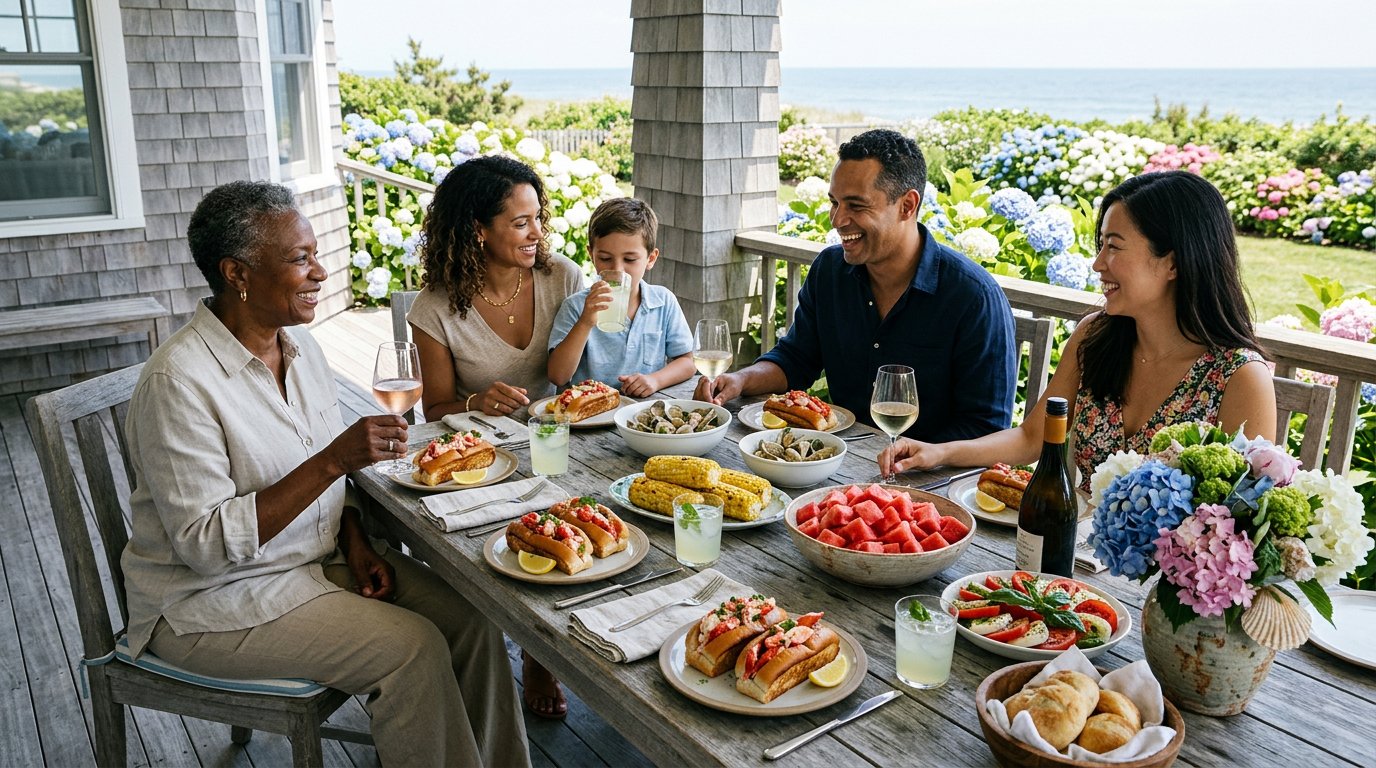 Multigenerational diverse family seated around a long Hamptons porch table with lobster rolls, steamed clams, corn on the cob and chilled North Fork rosé