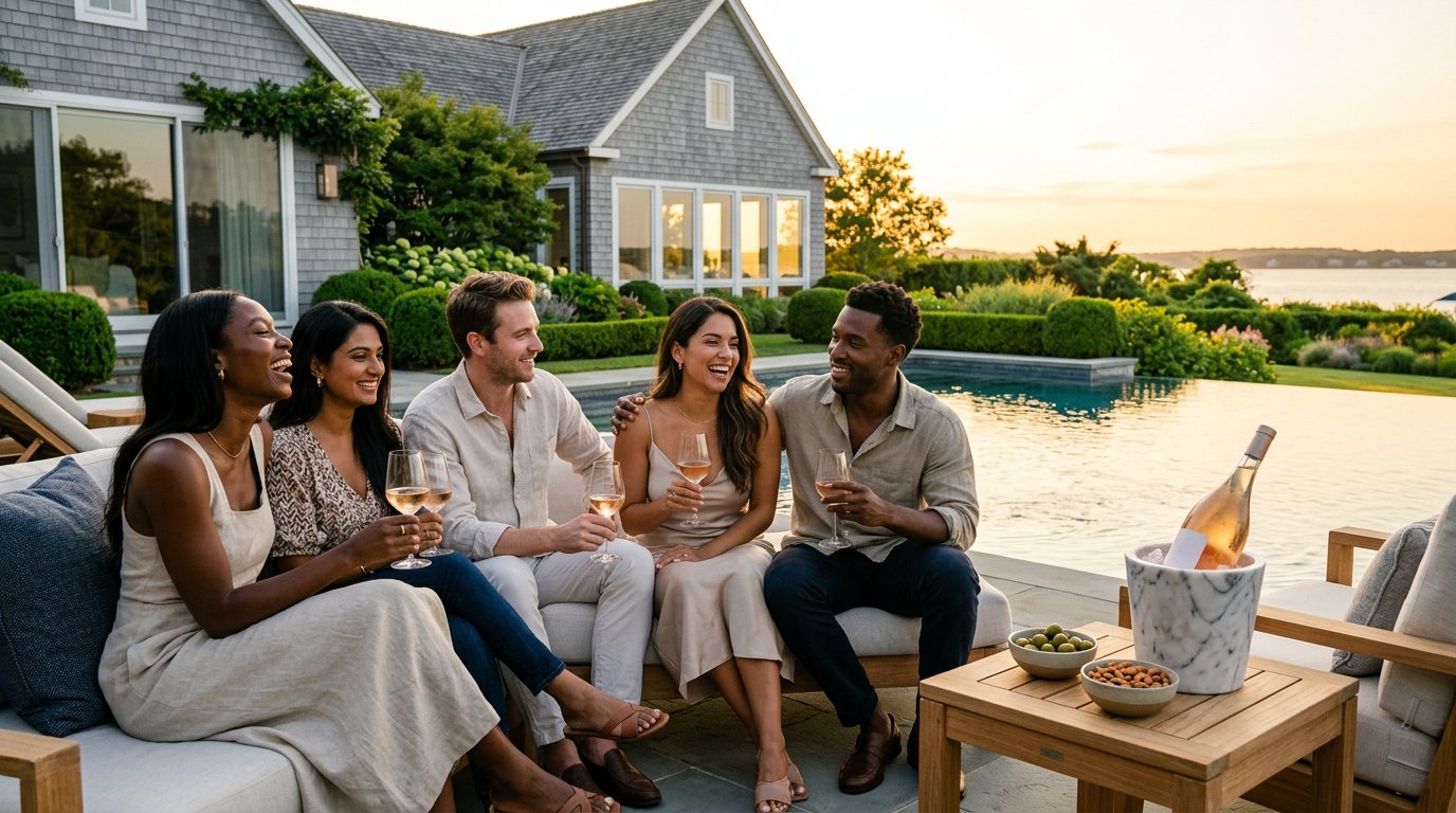 Diverse friend group relaxing poolside at a modern Hamptons rental home at golden hour with a magnum of pale rosé in a marble ice bucket