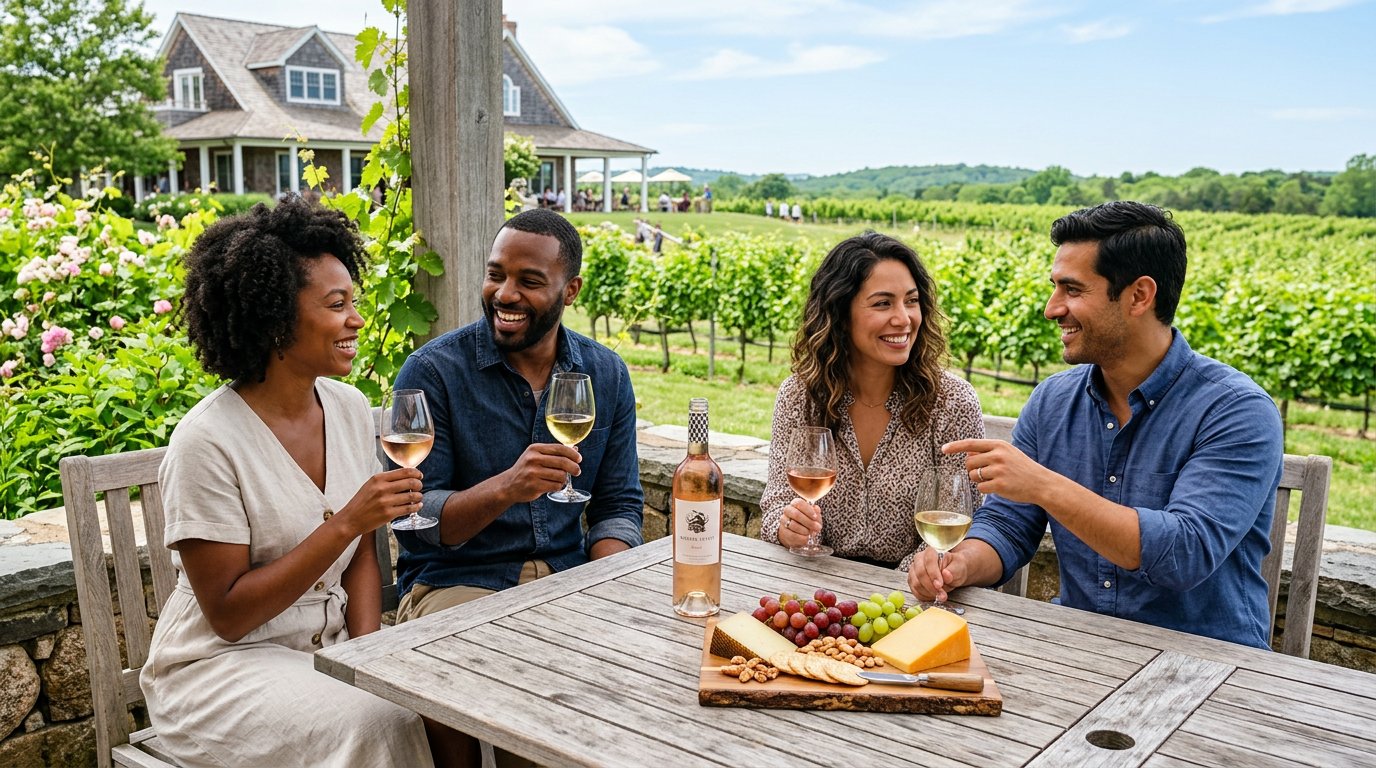 Two diverse couples tasting rosé and Chardonnay at an outdoor wood table among the vine rows of a Long Island North Fork winery