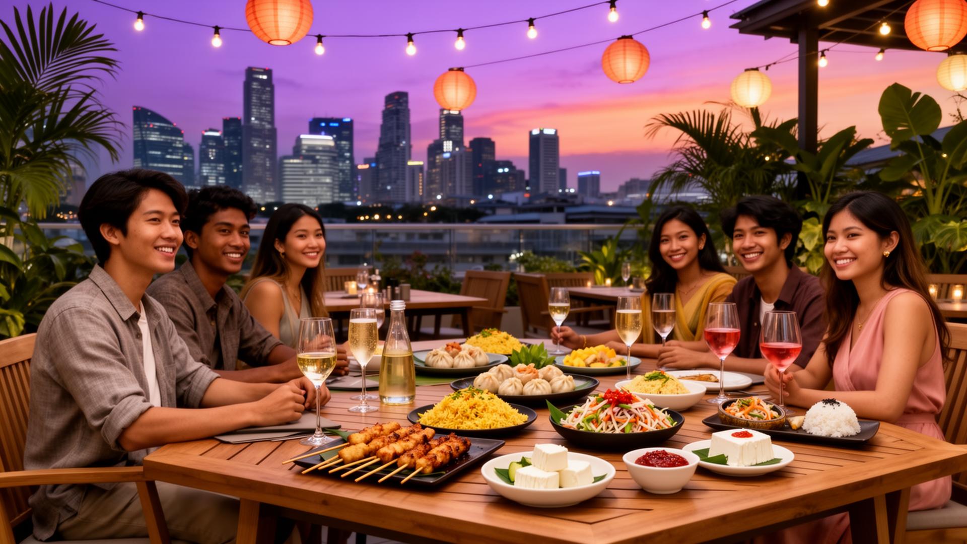 Diverse young diners with Riesling, sake and sparkling wine paired with dim sum, satay and biryani on a Bangkok and Singapore rooftop patio