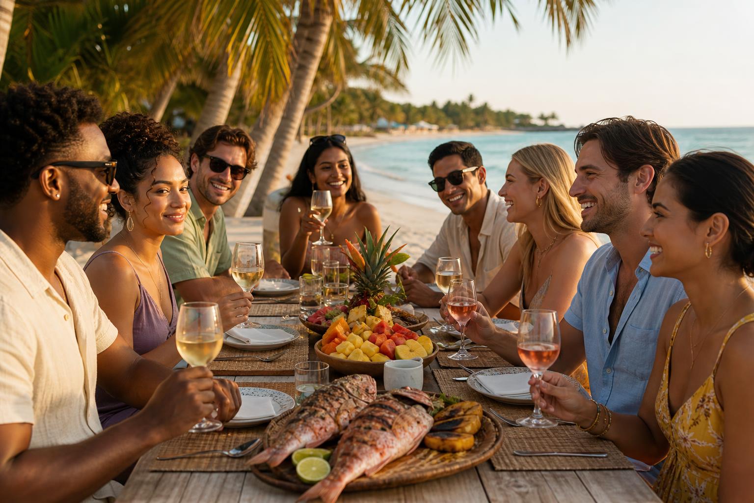 Multicultural group enjoying crisp white wine, rosé and grilled snapper at a Caribbean beachfront table at golden hour