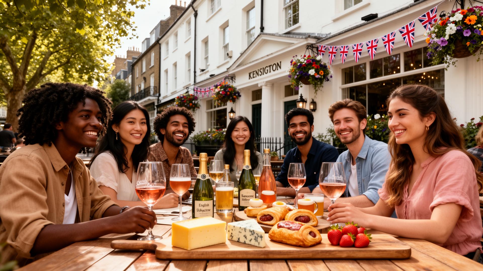 Multicultural group of young Londoners enjoying English sparkling wine and a cheese board at a Kensington pub garden