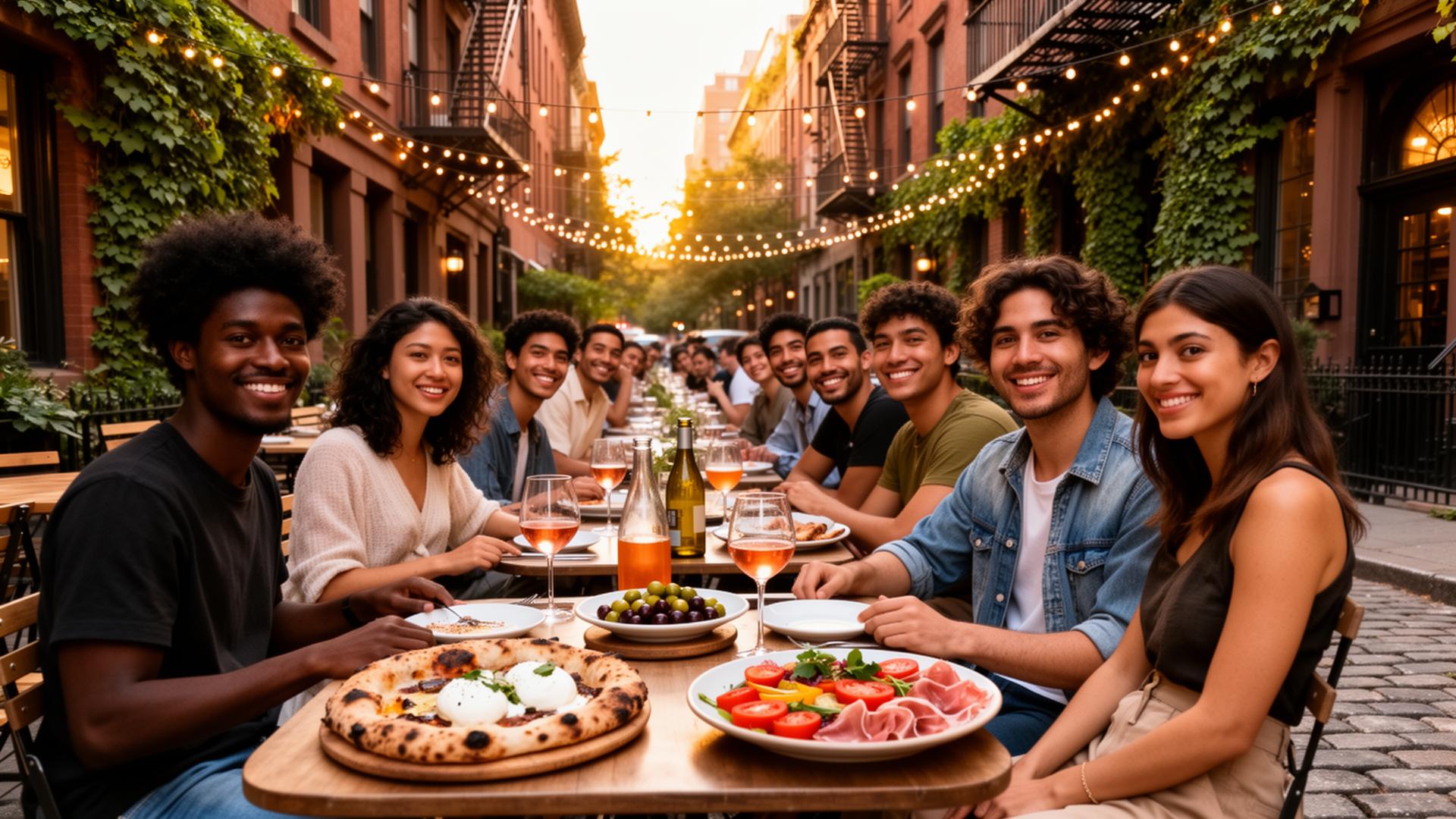 Diverse young New Yorkers sharing natural wine and wood-fired pizza on a Greenwich Village brownstone sidewalk patio with string lights