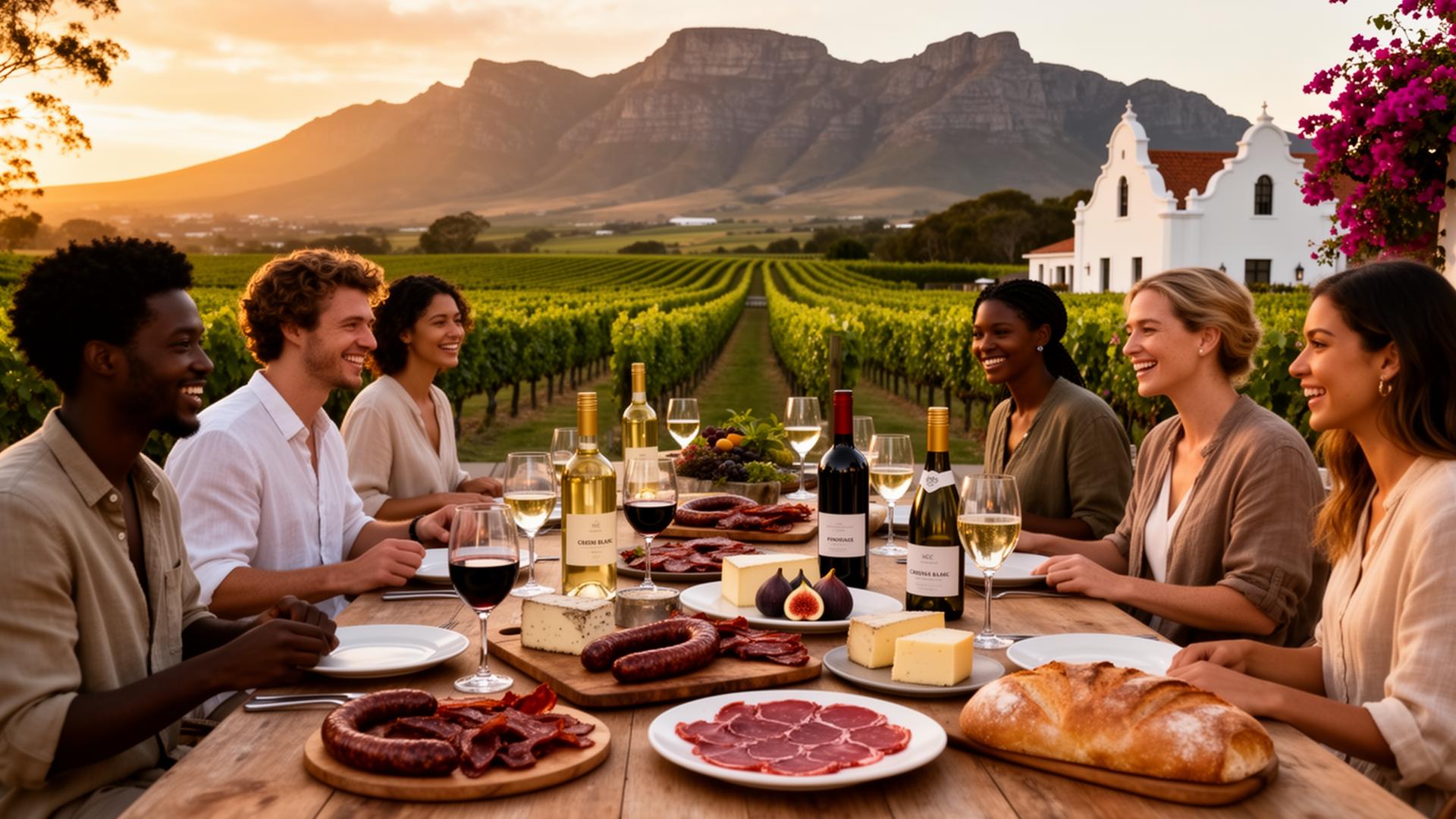 Diverse group of South Africans enjoying Chenin Blanc, Pinotage and MCC sparkling with boerewors, biltong and local cheeses on a Stellenbosch wine estate patio at golden hour