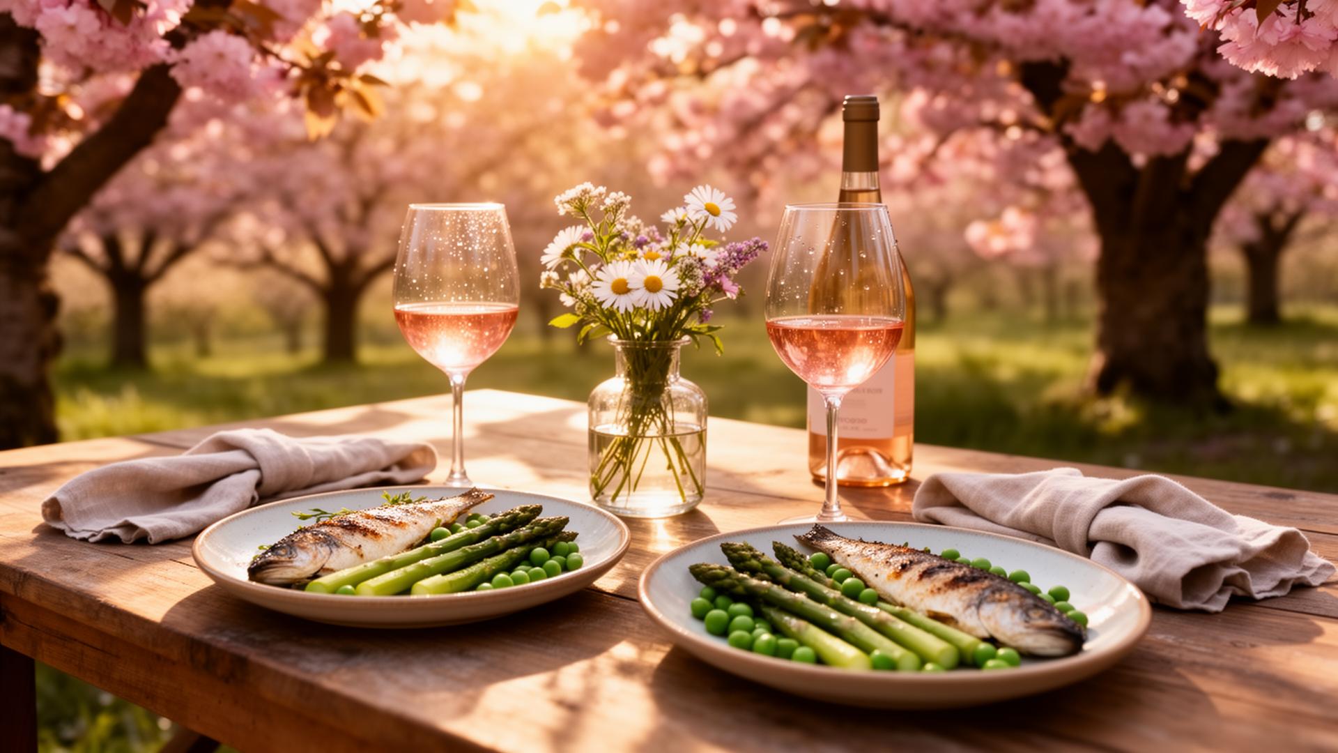 Al fresco spring table with rosé, grilled fish and asparagus under cherry blossoms