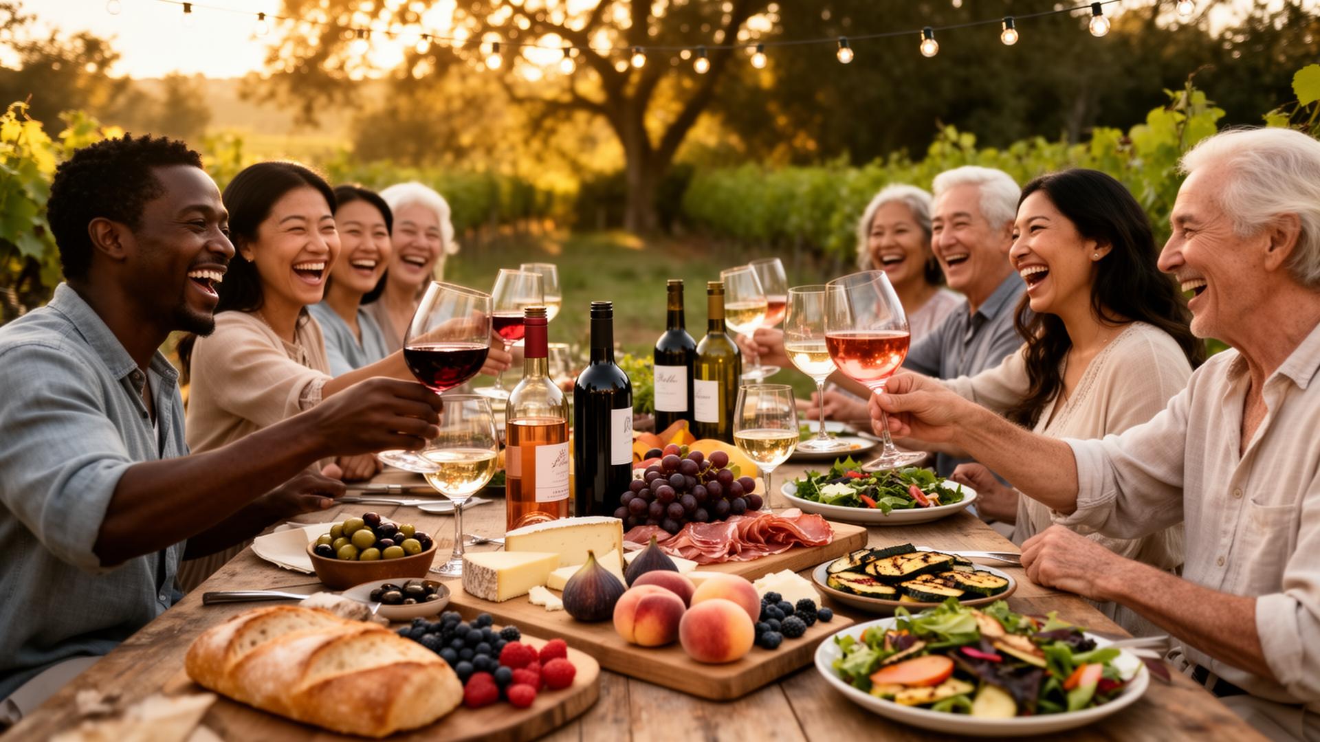 Diverse multigenerational group of friends and family toasting at a long outdoor summer feast with wines, cheeses, fruits and charcuterie at golden hour