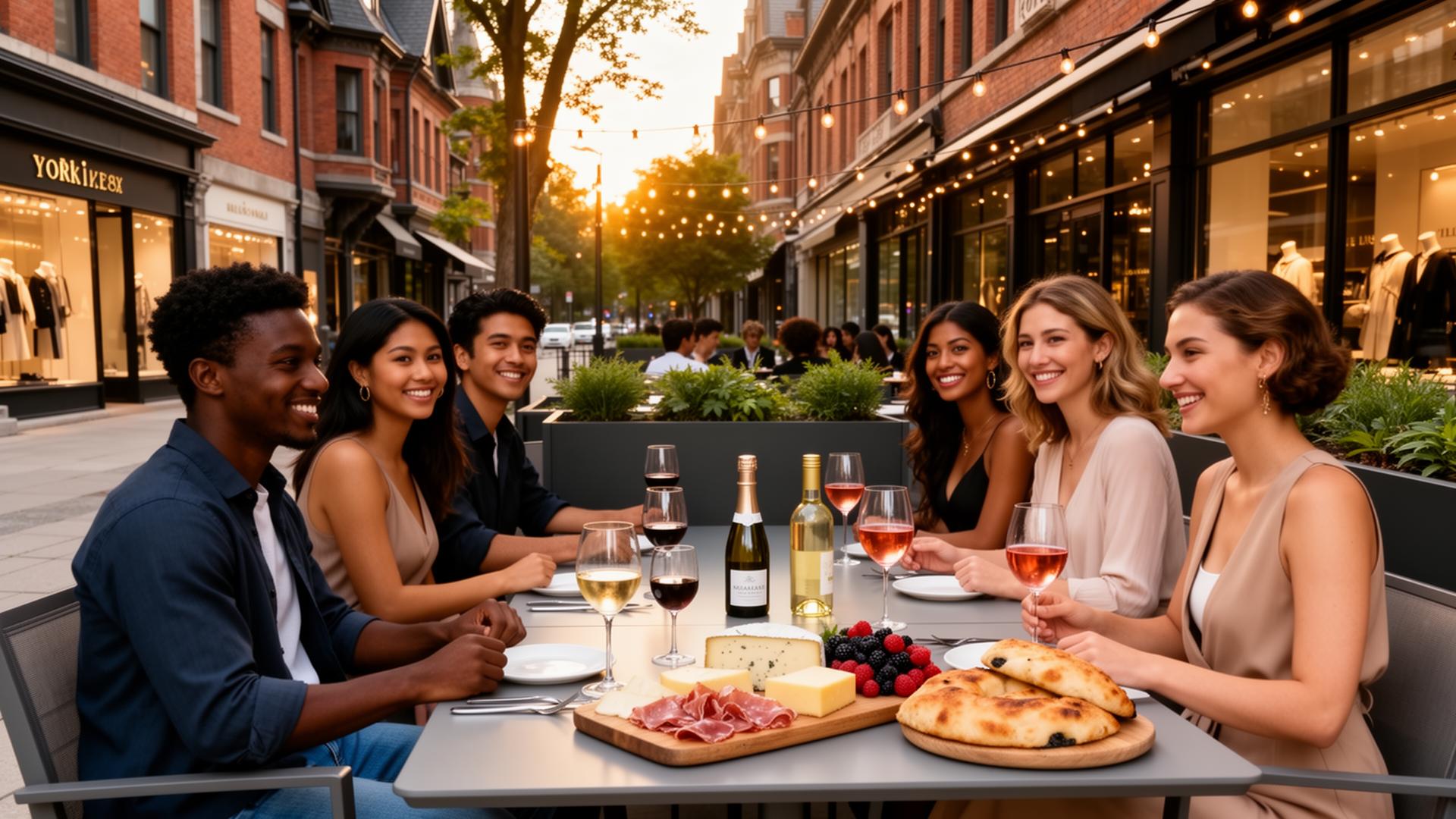 Diverse friends sharing Niagara and Prince Edward County wines with Ontario cheeses on a Toronto Yorkville sidewalk patio
