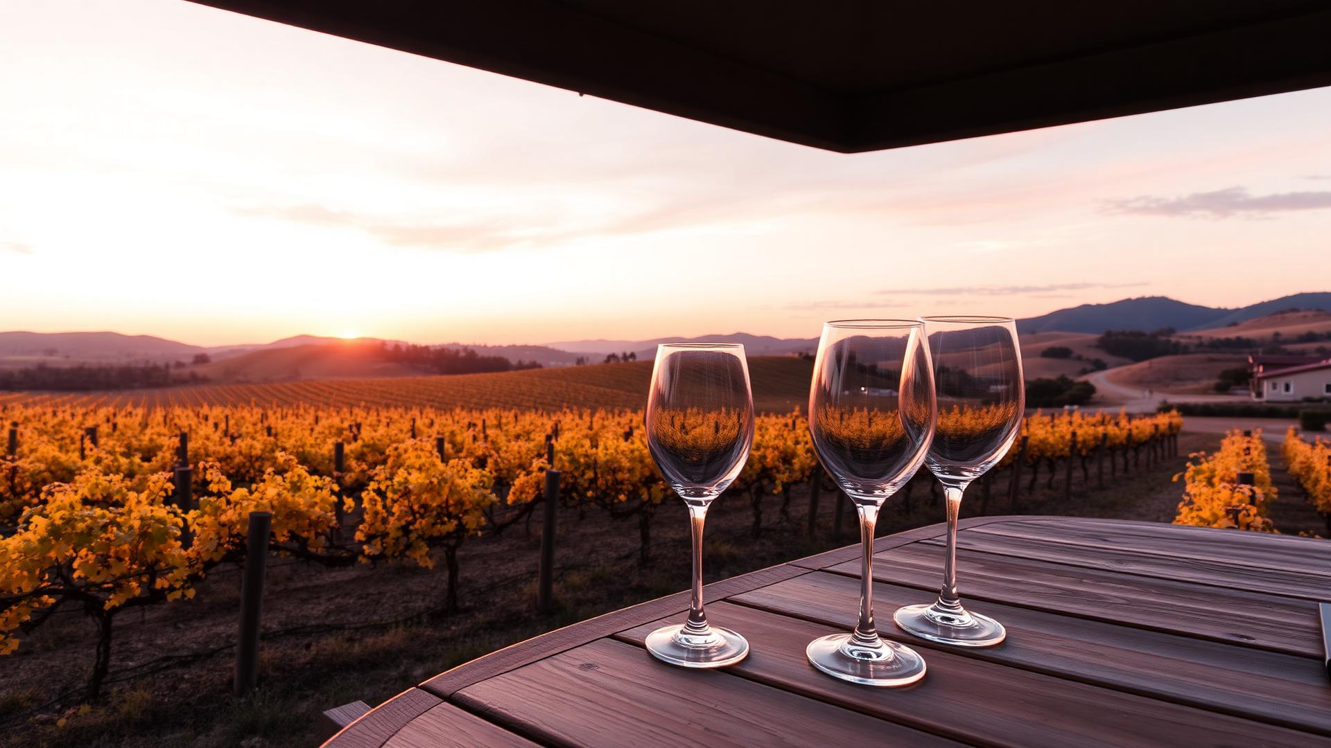 Wine glasses on a wooden table overlooking a sun-drenched vineyard at golden hour