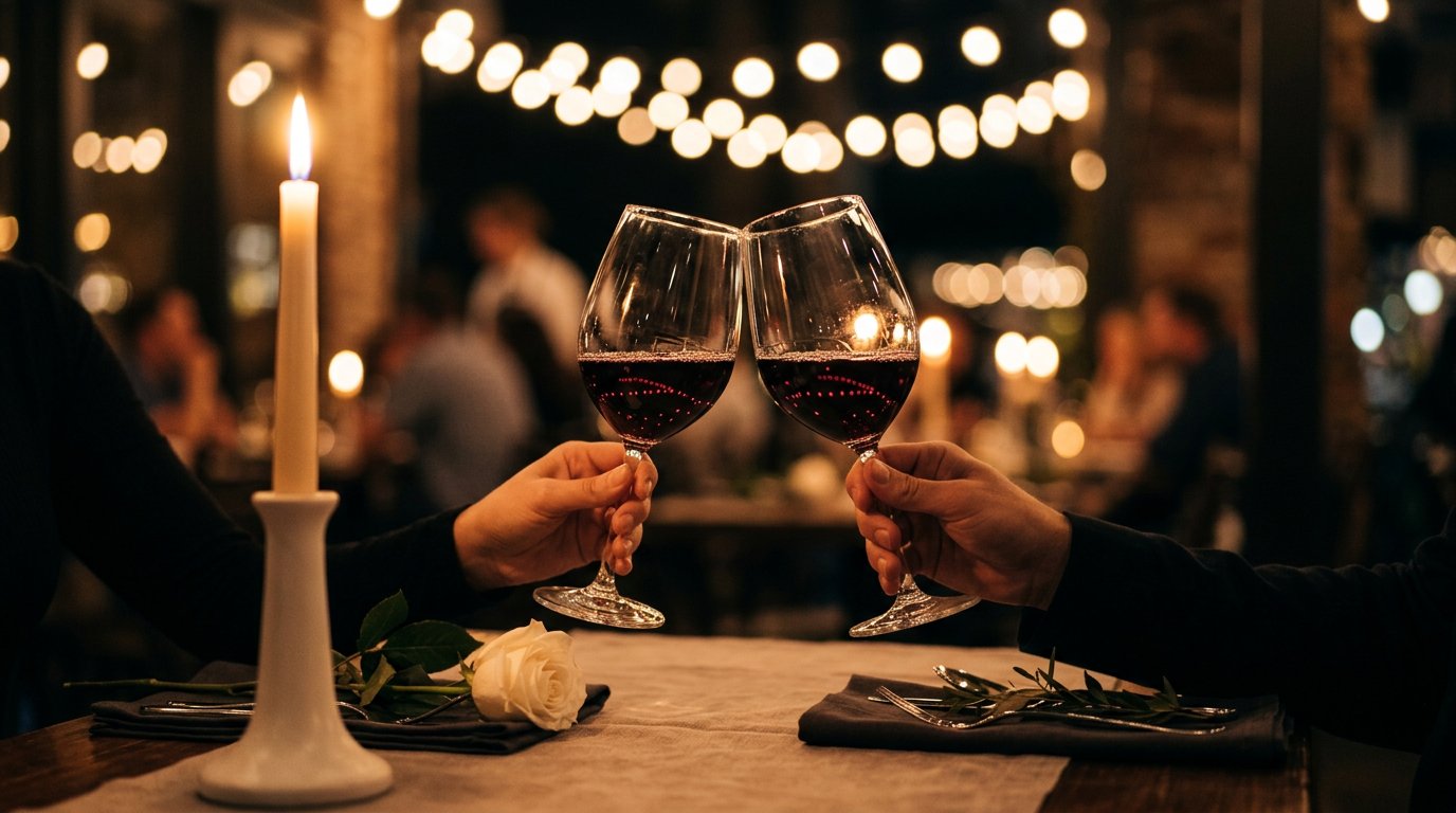 Two wine glasses clinking by candlelight at a romantic table for two