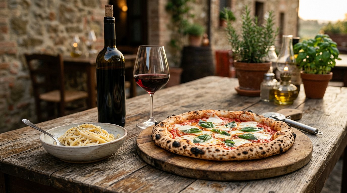 Wood-fired margherita pizza and pasta with a glass of Chianti on a rustic table
