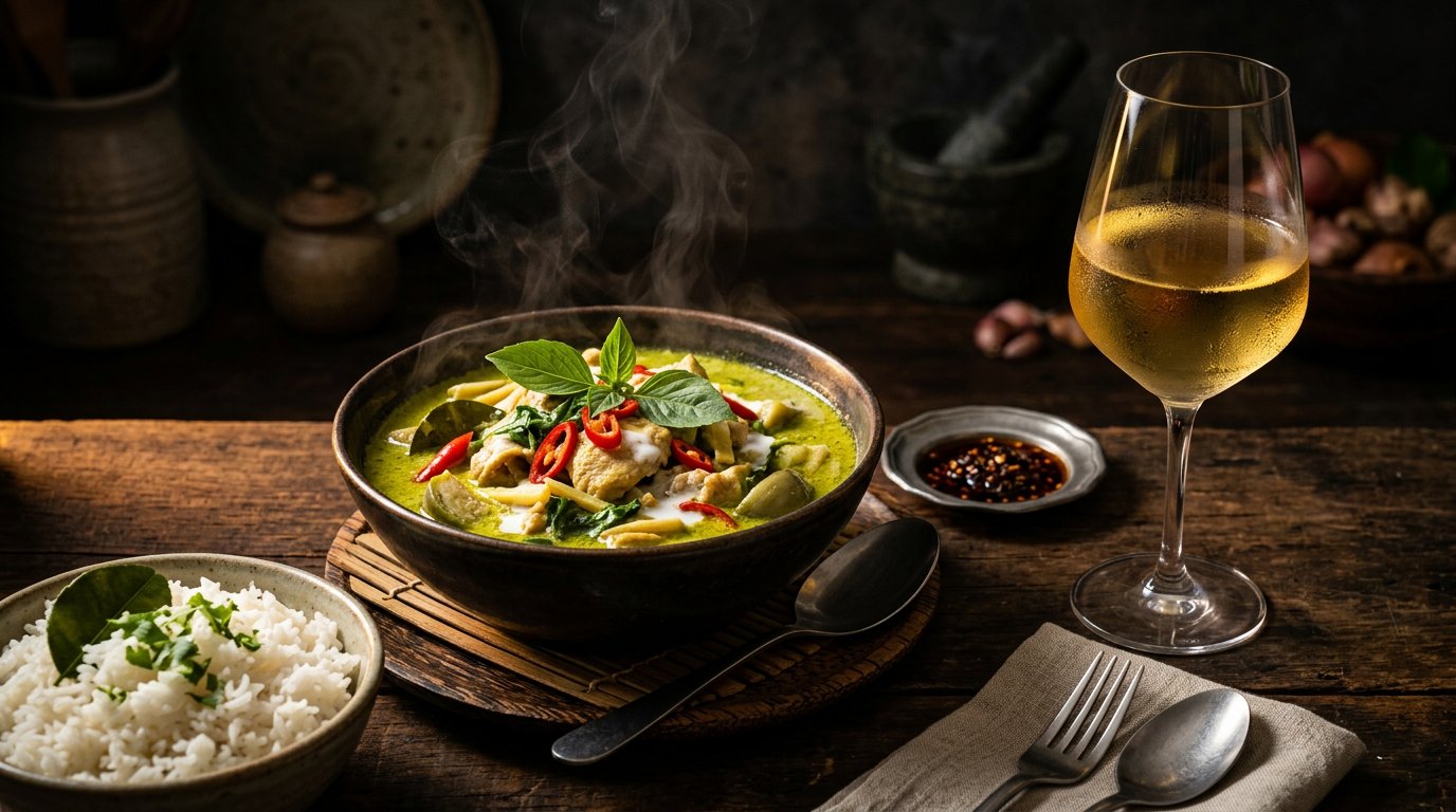 Thai red curry with steam rising and a chilled glass of off-dry Riesling
