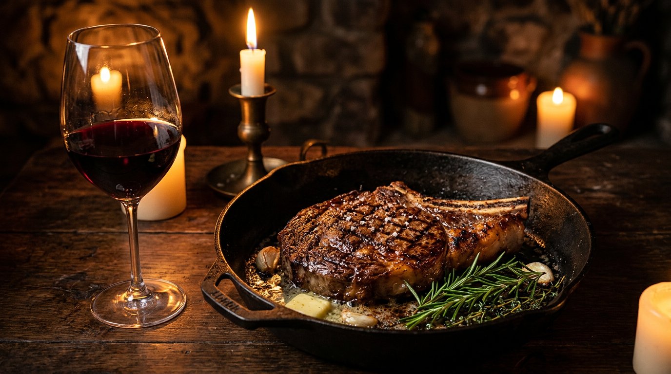 Cast-iron ribeye with rosemary and a glass of Cabernet Sauvignon in candlelight