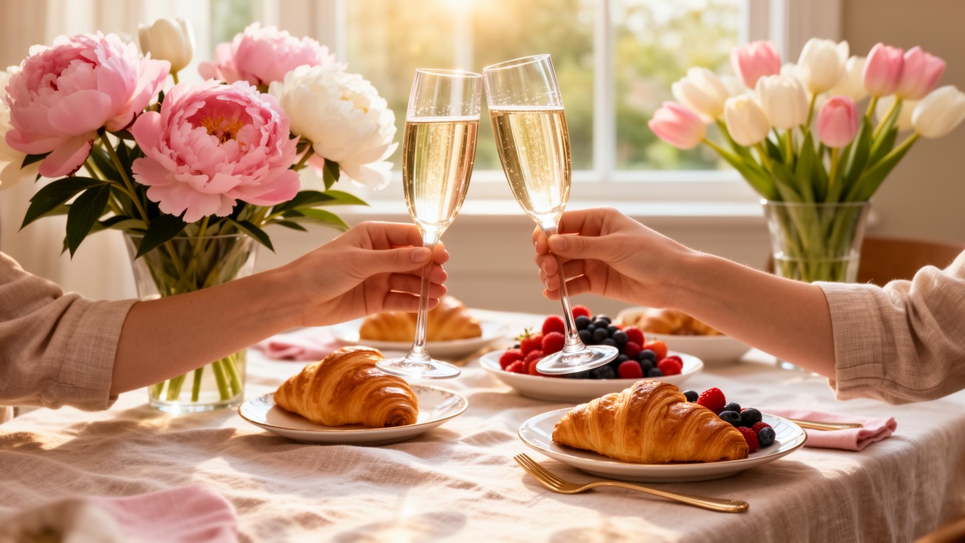 Two Champagne flutes clinking in a celebratory toast over a Mother's Day brunch table with peonies and tulips