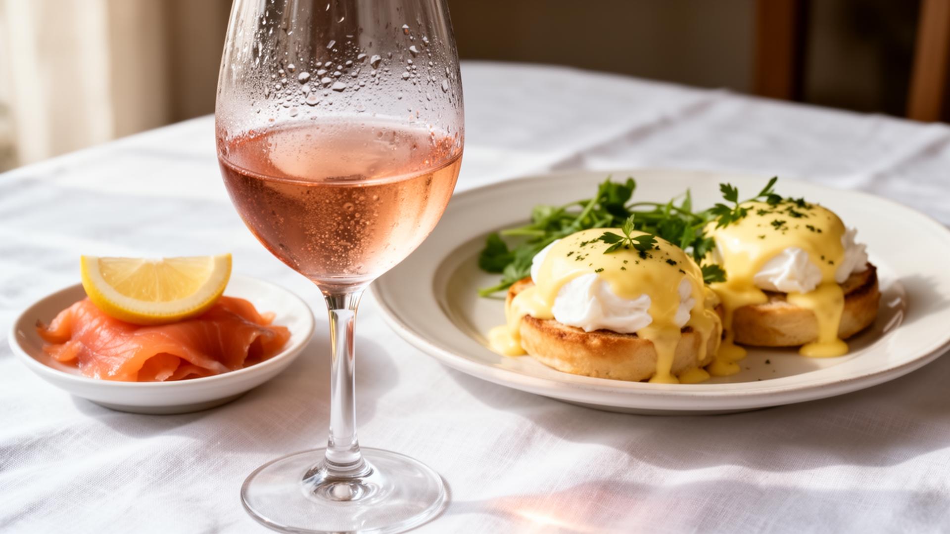 Glass of pale Provence rosé alongside eggs Benedict with hollandaise and a plate of smoked salmon with lemon