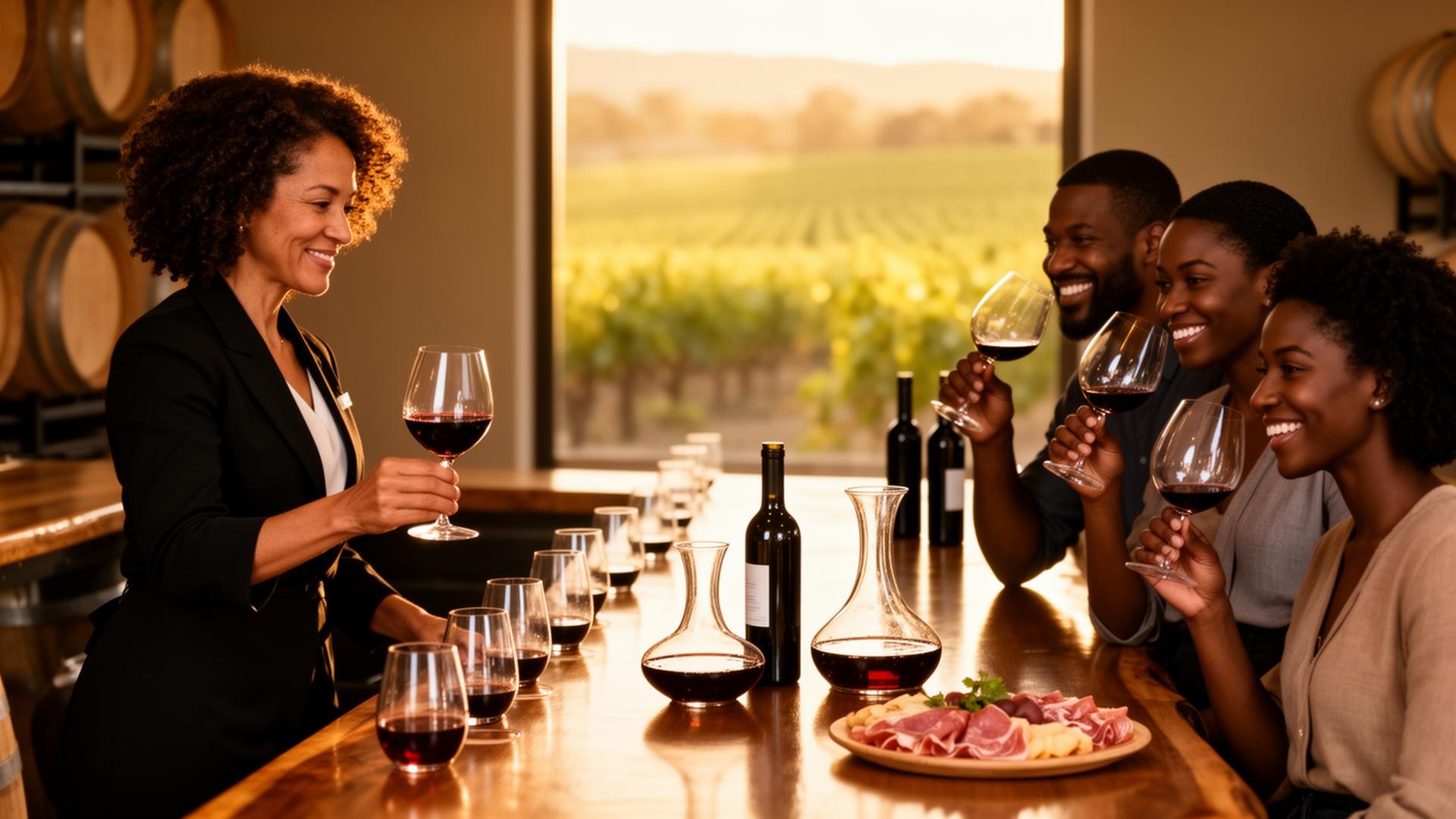 Black female sommelier pouring red wine for two diverse Black couples at a winery tasting bar with a vineyard view