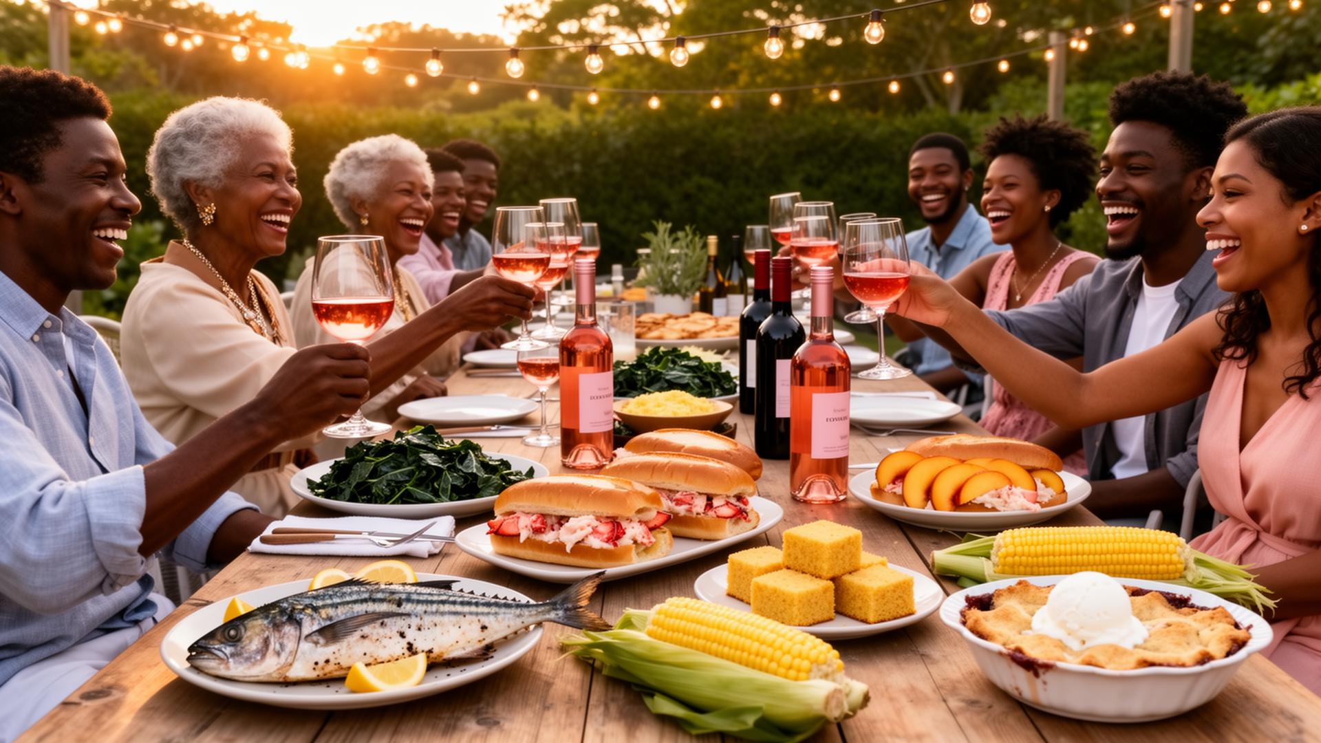 Long farmhouse table set for a Black family Martha's Vineyard cookout with grilled striped bass, lobster rolls, collard greens, cornbread and peach cobbler, plus rosé and red wine, friends laughing under string lights