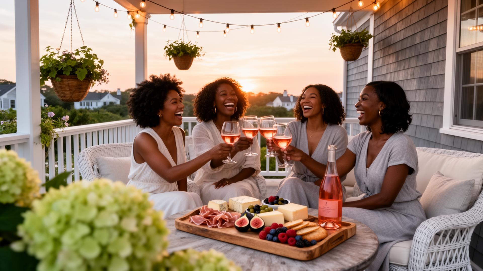Group of four Black girlfriends laughing and clinking rosé wine glasses on a Martha's Vineyard porch with a charcuterie board at sunset