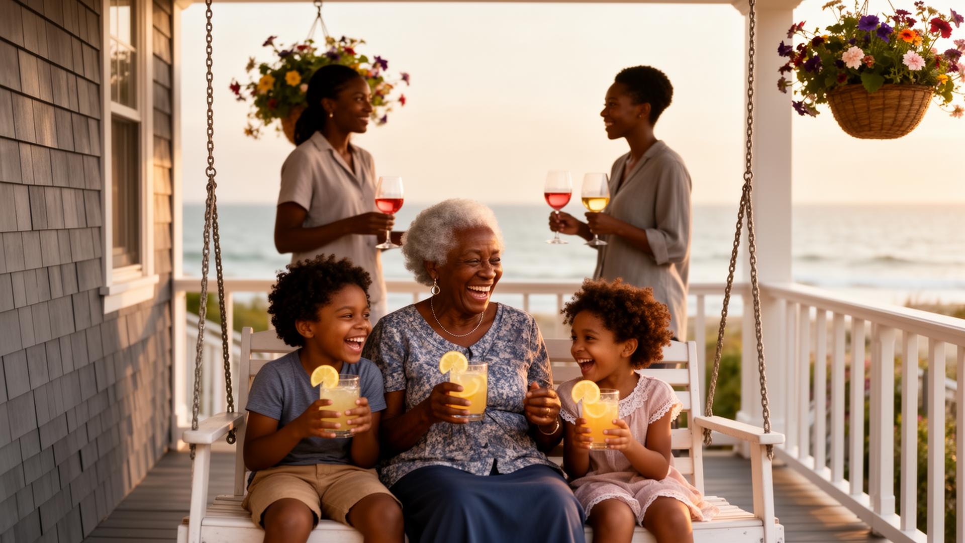 Black grandmother on a Martha's Vineyard porch swing with two grandchildren holding lemonade, while two younger adults stand behind sipping wine and looking at the ocean