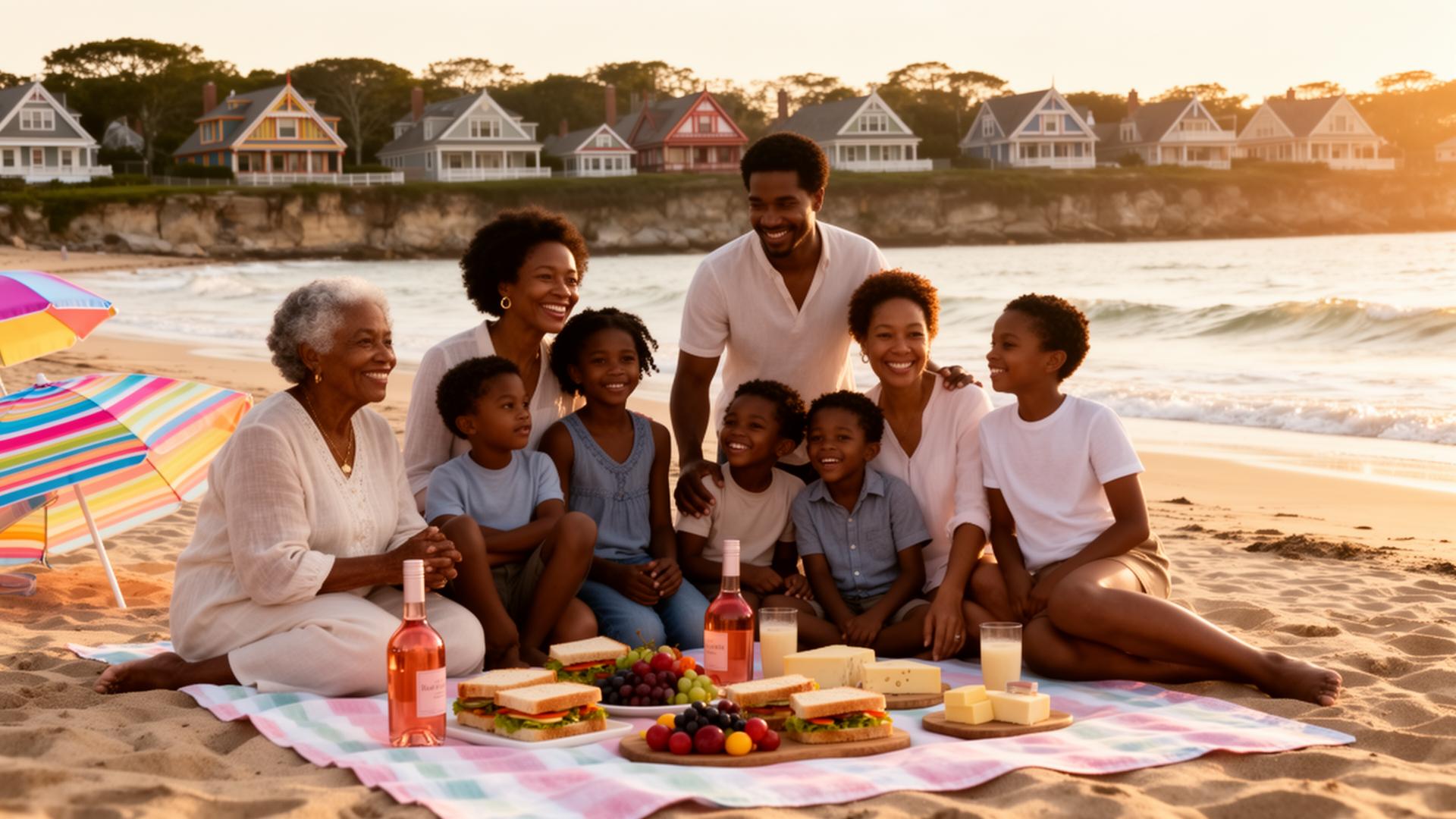Multigenerational Black American family enjoying a golden hour picnic with rosé wine on Inkwell Beach in Oak Bluffs, Martha's Vineyard
