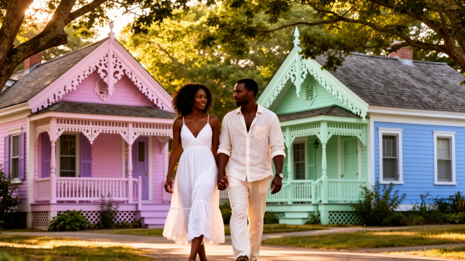 Stylish Black couple in summer linen walking past the iconic colorful Oak Bluffs gingerbread cottages on Martha's Vineyard at golden hour