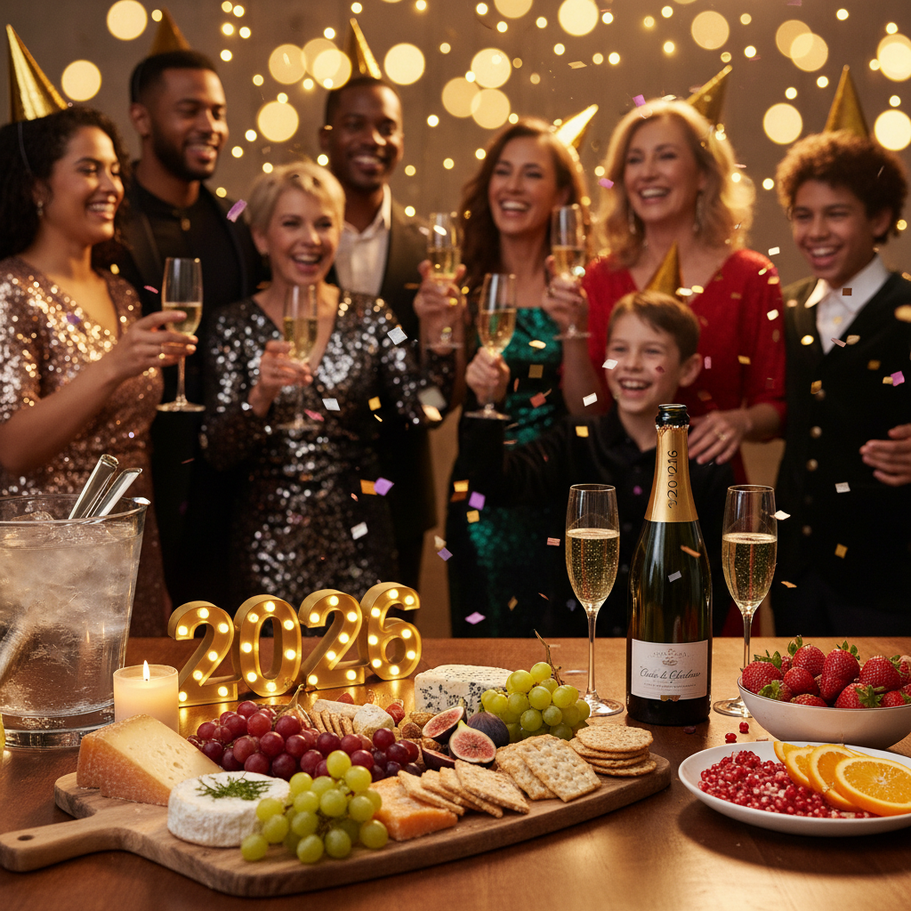 New Year's Eve 2026 celebration with champagne bottle, cheese board, fruits, and diverse group toasting