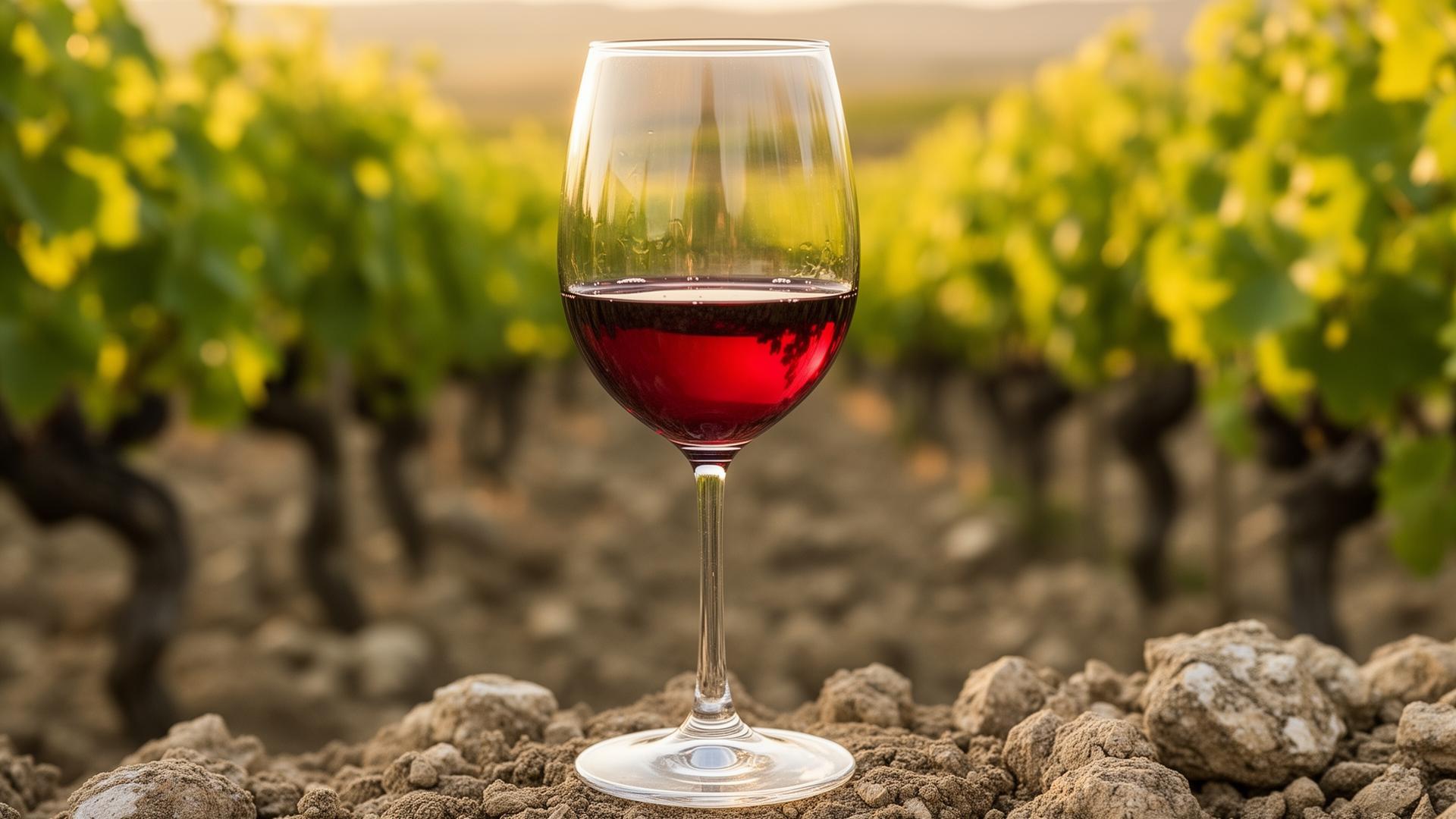 Glass of cool-climate Pinot Noir with translucent ruby color, vineyard in soft afternoon light