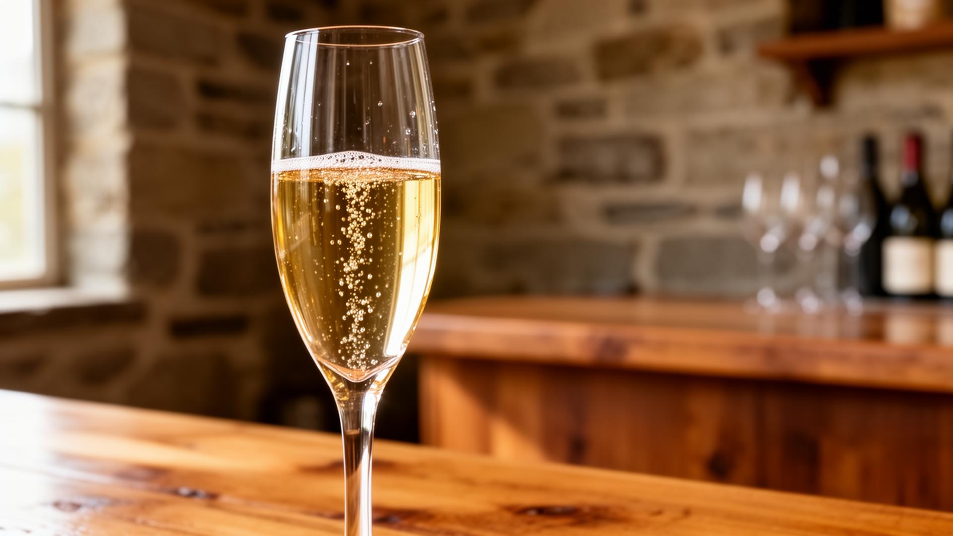 Champagne flute of traditional-method sparkling wine in an Ontario winery tasting room with limestone walls