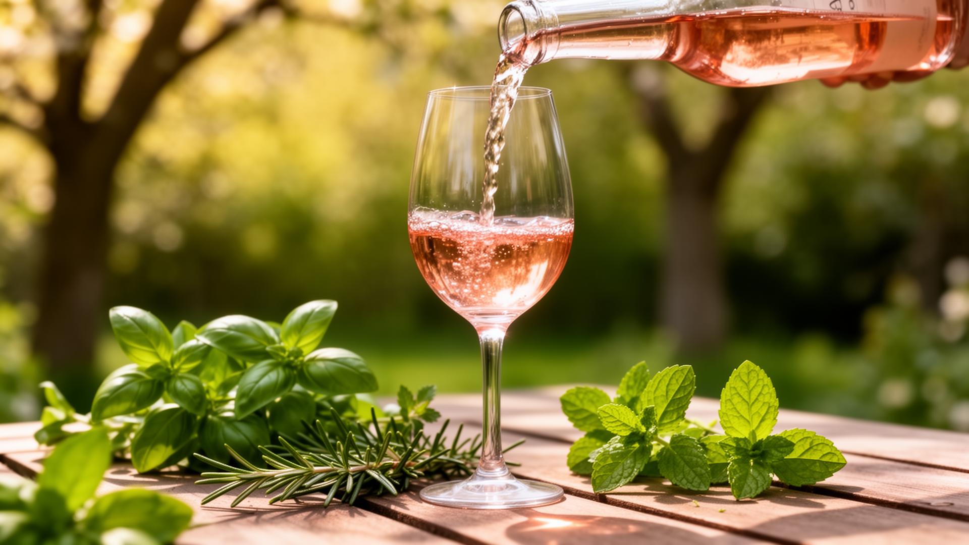 Pale Provence rosé being poured outdoors into a glass on a wooden brunch table with fresh herbs